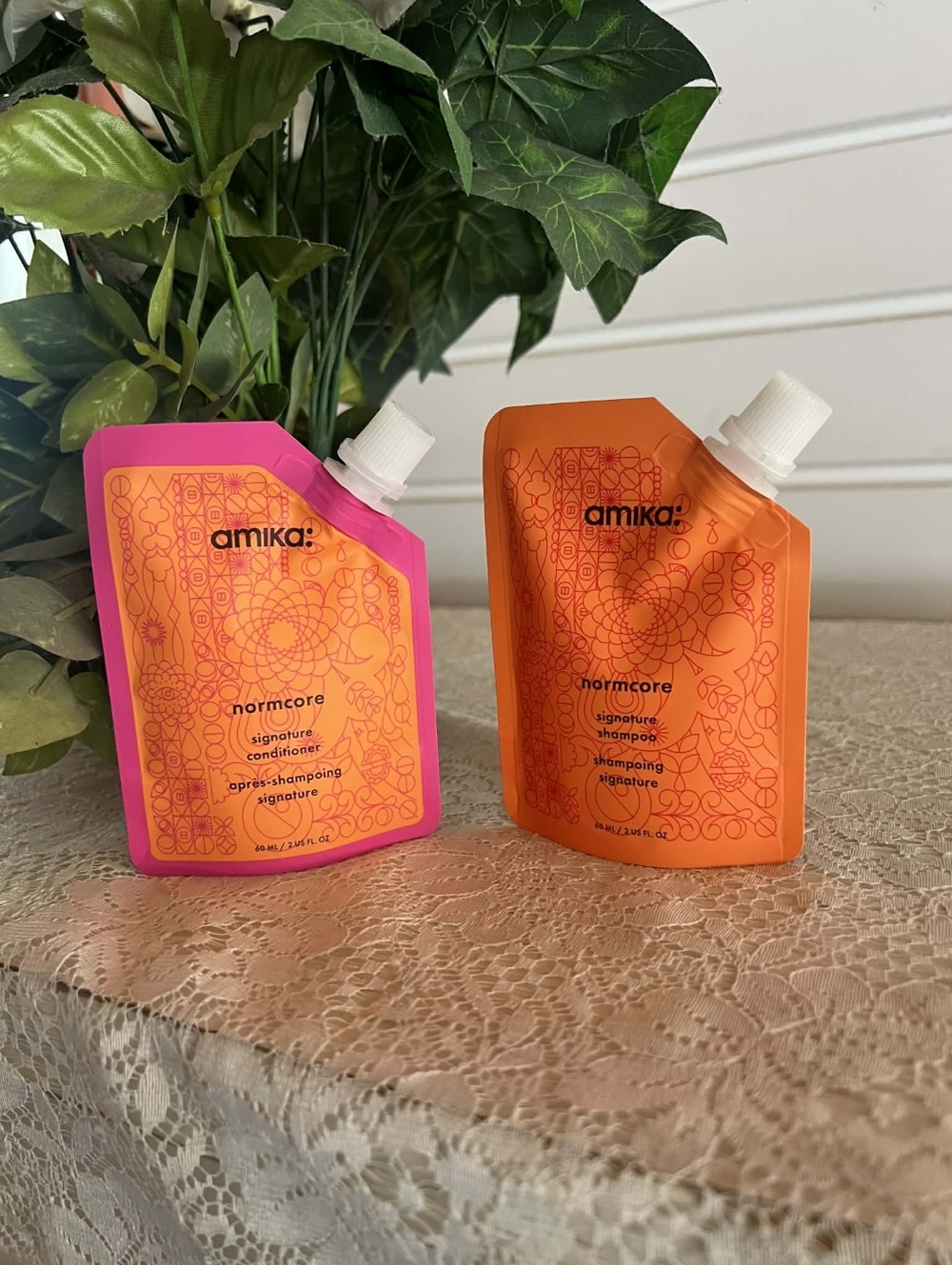amika normcore Shampoo & Conditioner Pouch Duo - Bright Orange & Hot Pink New